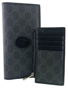 Gucci 2 Piece Set Long Billfold Fragment Case GG Supreme Leather Black Wallet